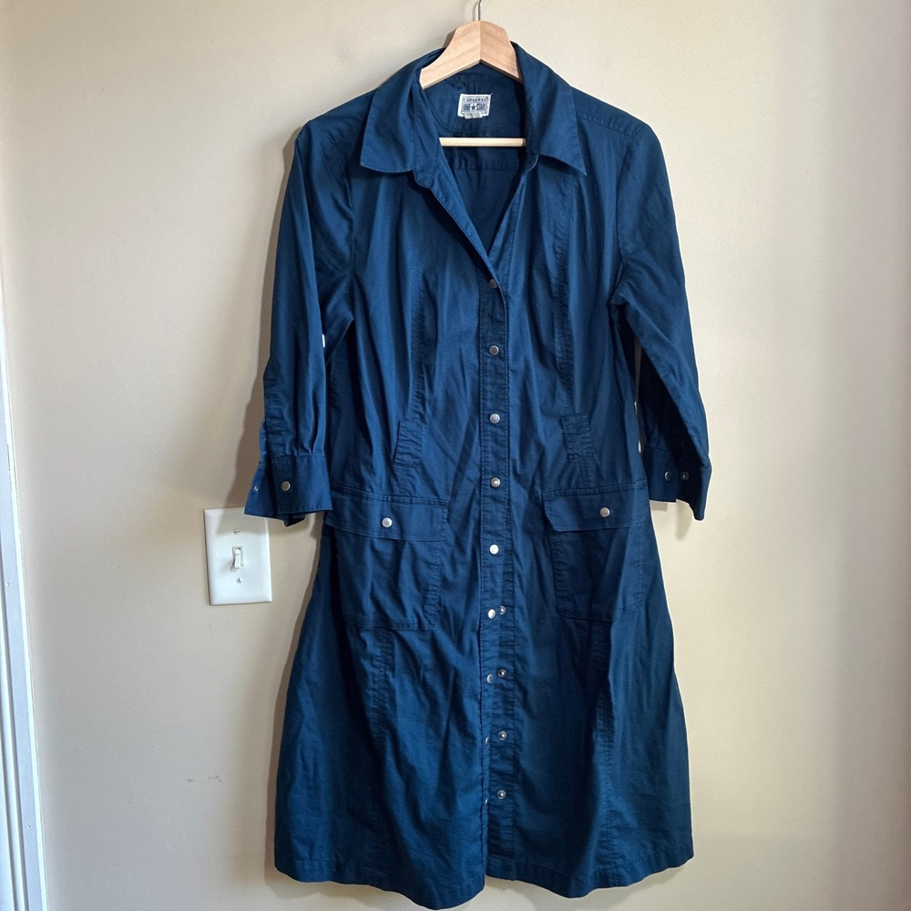 Converse One Star Shirt Dress L Teal Blue Womens Utility Snap Front Cotton